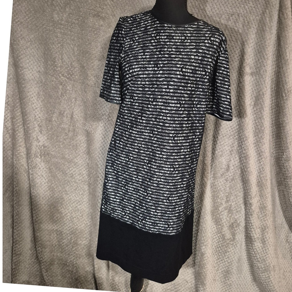 The Limited Womens Black White Striped Lace Shift Dress Metallic Gold Accents S